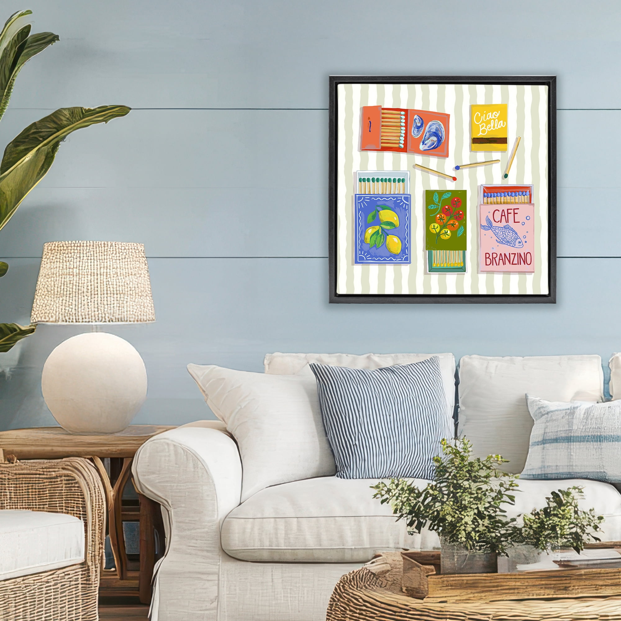 Stupell Industries Ciao Bella Seaside Matchboxes Black Framed Floater Canvas Wall Art, design by Rachel Nerney