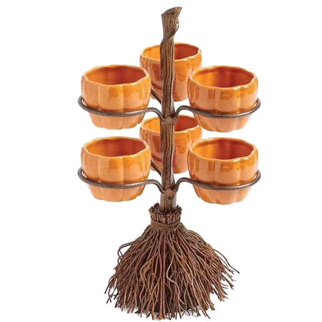 Halloween Pumpkin Tealight Candle Holder Rustic Broomstick Design with 3 Pumpkin Cups for Festive Decor