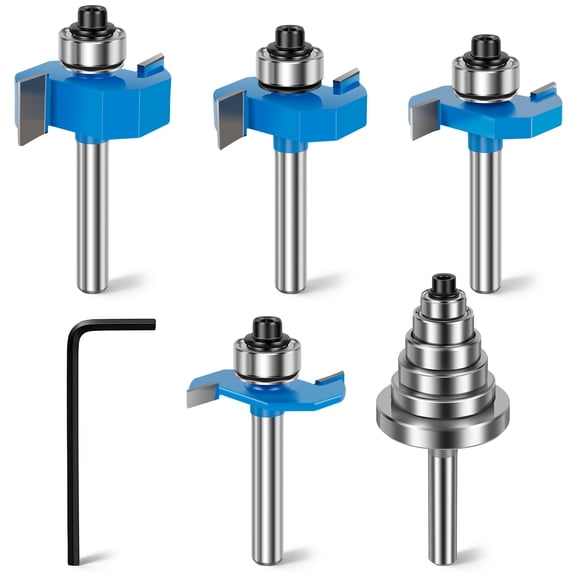 4 Pcs Rabbeting Router Bit Set 1/4 Inch Shank Carbide Tipped Rabbet Router Bit with 6 Bearing Set Interchangeable Adjustable Multi Depth Cutter for Cutting Rabbet Slot