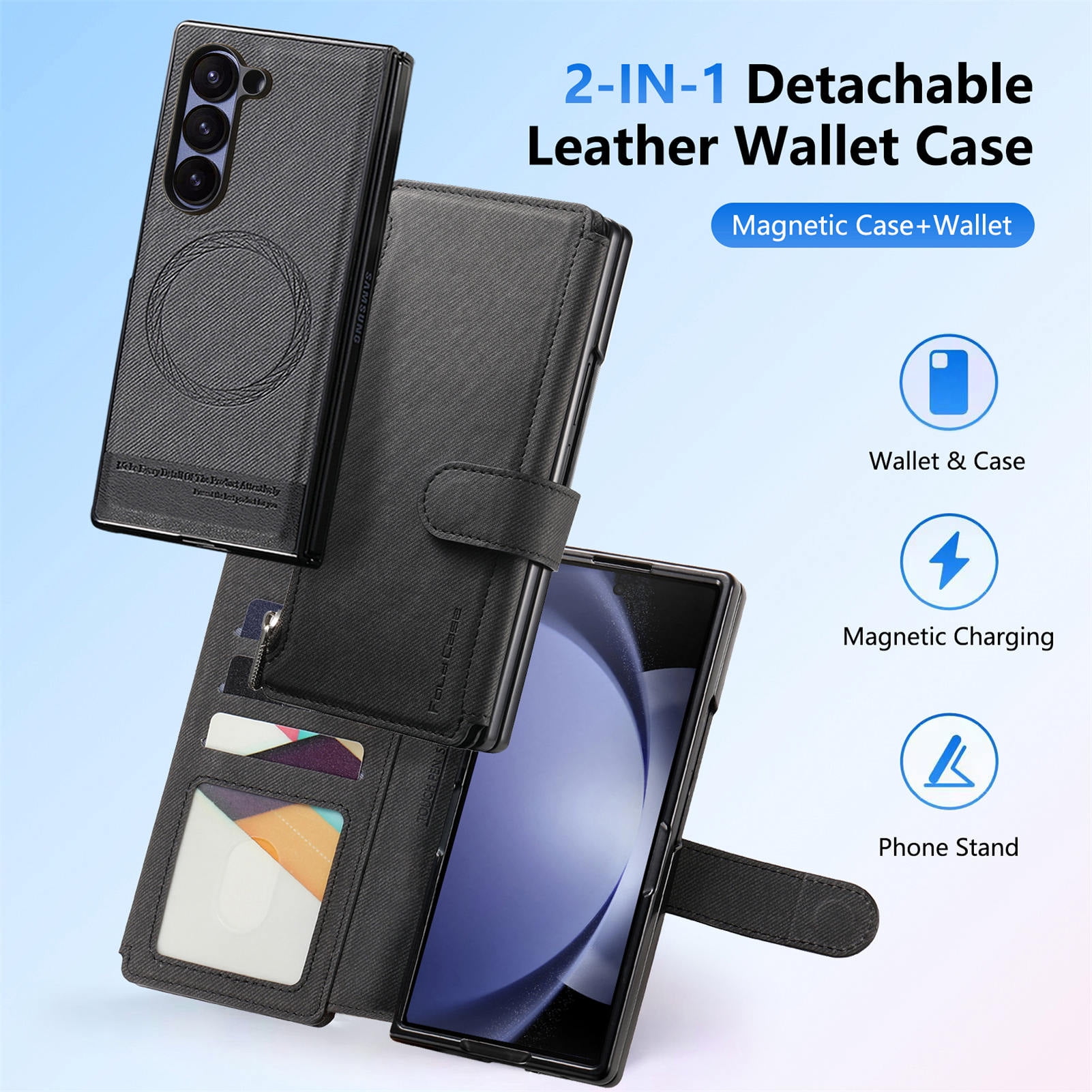For Samsung Galaxy Z Fold 6 Phone Case,2-in-1 Magnetic Detachable Flip,Flip Folding Kickstand,With Card Slots,Zipper Pocket,Ring Holder,Fit Wireless charging,Shockproof Phone Case,Black