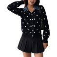 thumbnail image 3 of Women's Denim Collar Polka Dot Cropped Button Knit Sweater Jacket Cardigan Black S, 3 of 9