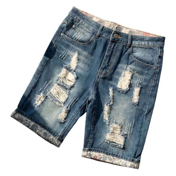 Bosfbaoi Mens Denim Shorts Button Zipper Fly Distressed Ripped Design Paisley Lined Cuff Casual Fit Vintage Style Shorts for Streetwear Daily Wear