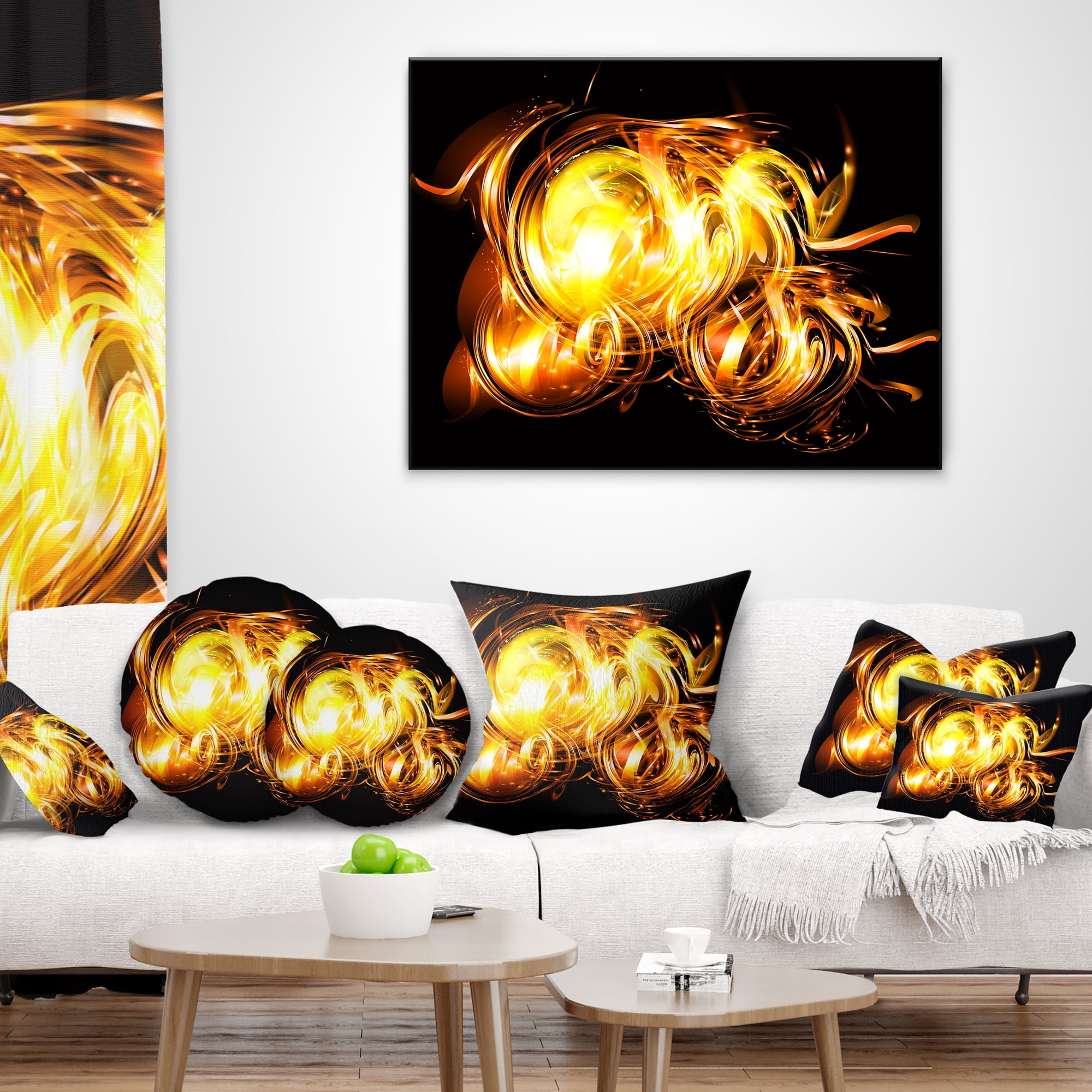 Designart Abstract Fractal Fire on Black - Abstract Throw Pillow - 12x20