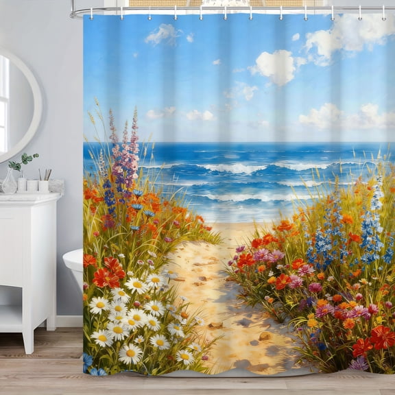 MIZHONA Summer Ocean Shower Curtain Spring Floral Coastal Bath Curtain for Bathroom Decor 72x72 in