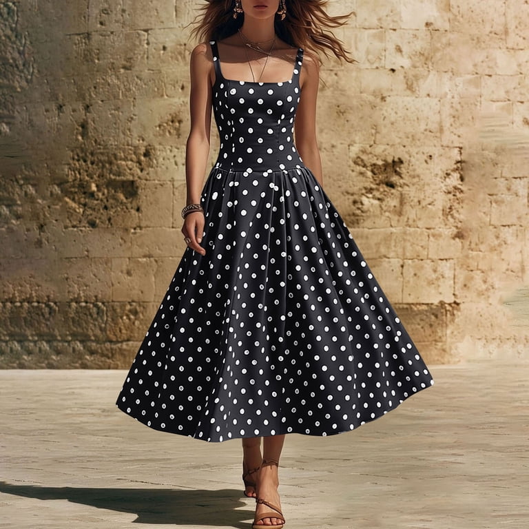 Women's Summer Plaid Casual Square Neck Dress Cute Sleeveless High Waist A-line Sundress Flowy Midi Dresses
