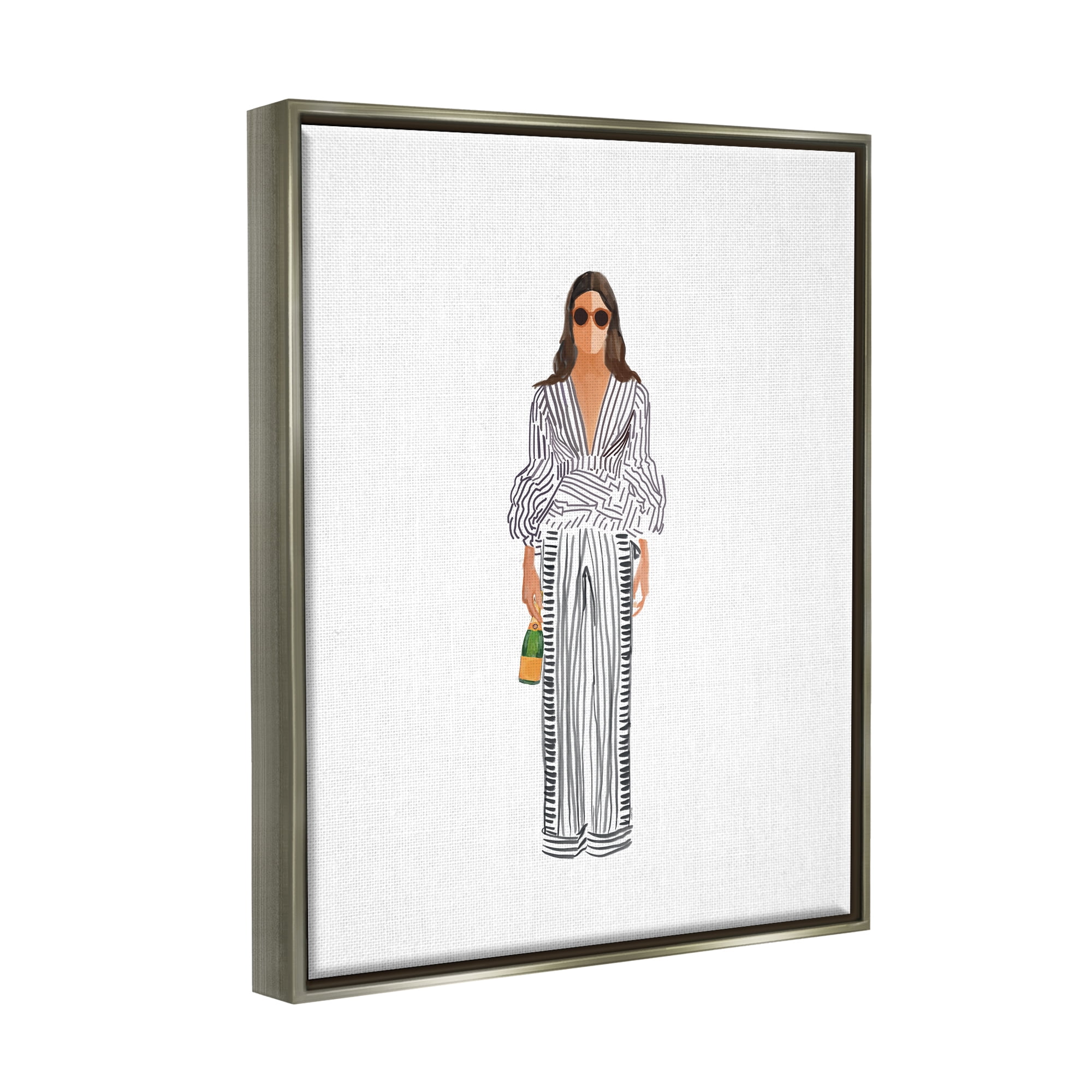 Stupell Industries Fashion Girl with Champagne Food & Beverage Painting Gray Floater Framed Art Print Wall Art, 17 x 21