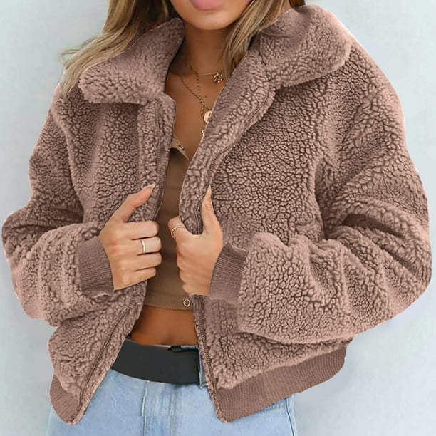 Abrigo informal de manga larga sin capucha para mujer, chaqueta de lana artificial cálida con cremallera, abrigo de invierno