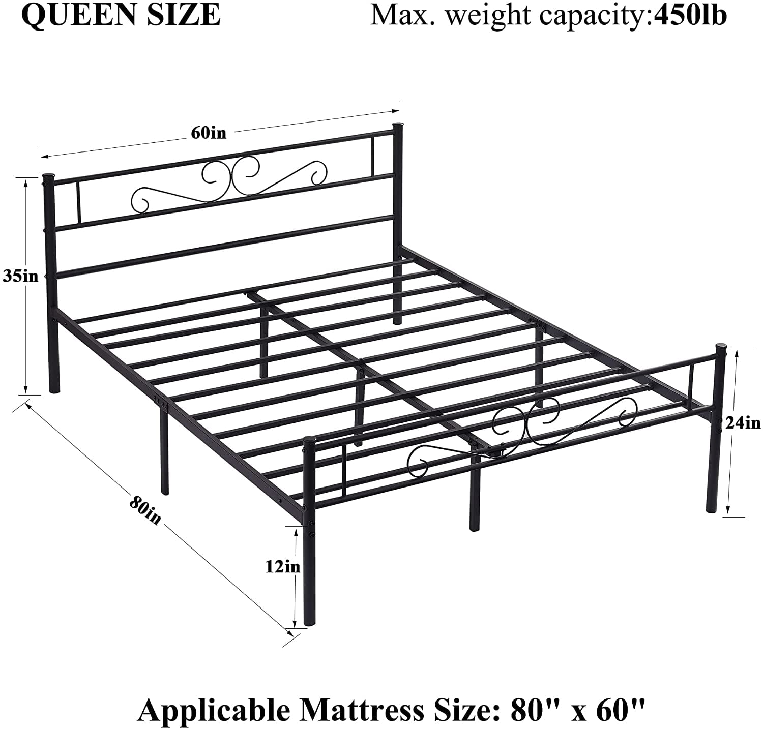 VECELO Queen Size Metal Platform Bed Frame with Headboard and Footboard, No Box Spring Needed/Strong Slat Support, Under Bed Storage, Black