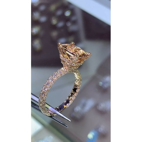 HeartsAndYou 5ct Natural Peach Morganite Hidden Halo Ice Cocktail Ring 14k SOLID Rose Gold