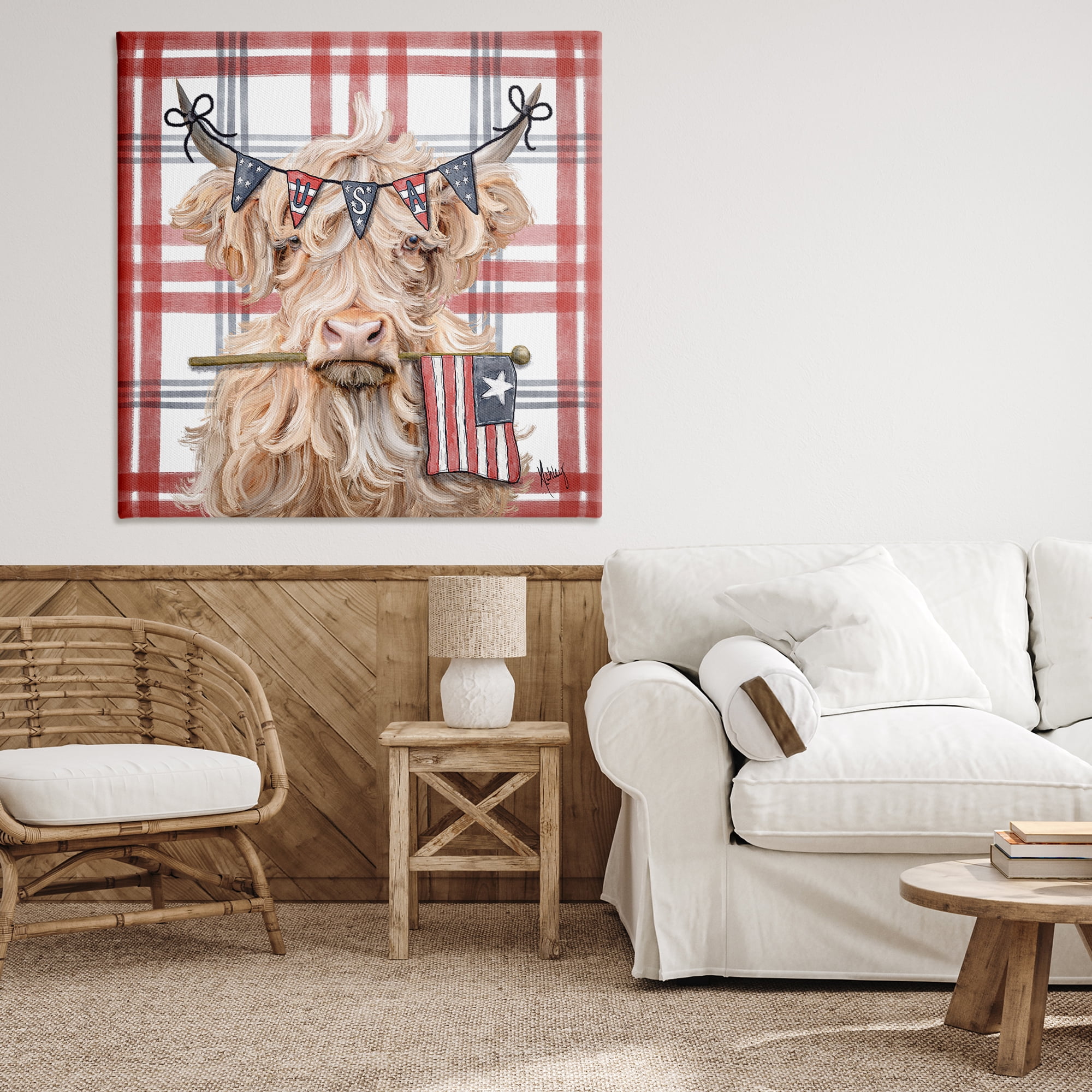 USA Plaid Highland Cattle Canvas Wall Art, design by Ashley Bradley