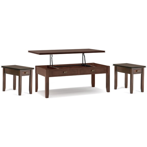 Simpli Home Artisan Solid Wood Transitional 46 inch Wide Lift-Top Coffee Table with 2 14 inch Wide End Tables in Russet Brown (Set of 3)