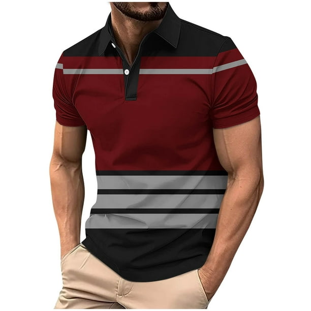 Mens Casual de Manga Corta Botón Abajo Camisas Raya Impresa Blusa Deportiva, Camisa Del Botón Del Cuello de Vuelta