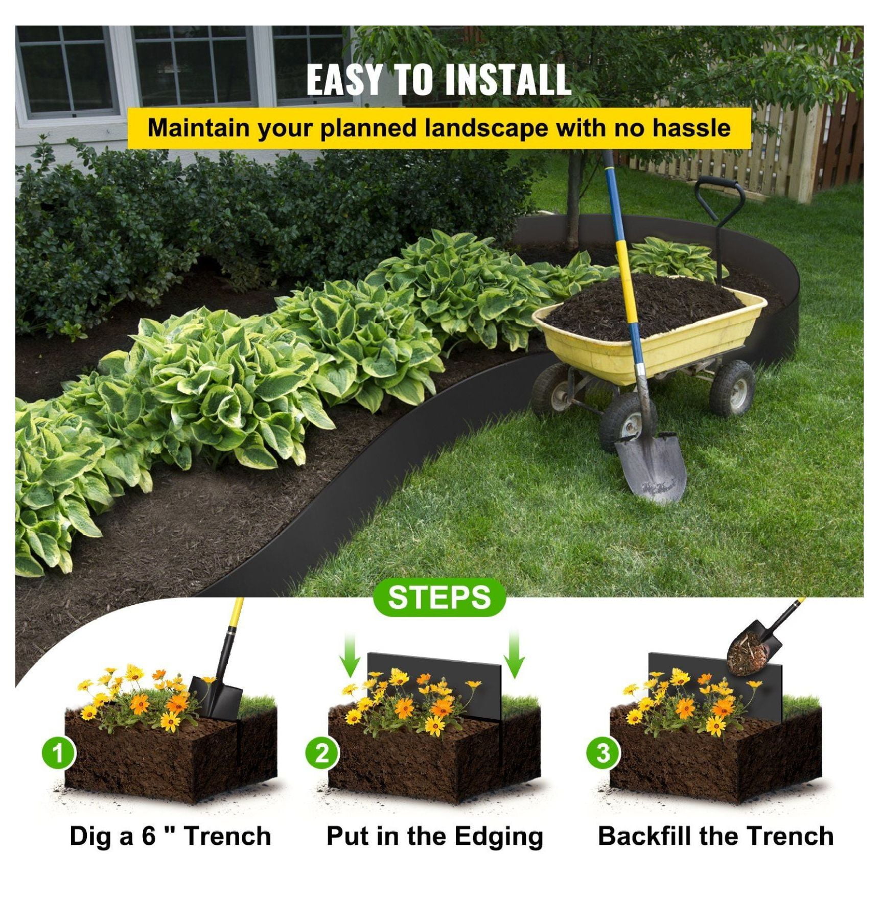 Landscape Edging 80ft, 10 Inch Black HDPE Coiled Border for Garden Lawn, Flexible Bender Terrace Board, Weed Barrier for Landscaping Yard