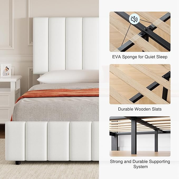 QUEEN Size Storage Bed Frame, Vertical Channel Tufted Adjustable Headboard, Linen Upholstered Platform Bed with 4 Oversized Underbed Drawers, Wooden Slats Support, No Box Spring Needed, Noise-Free