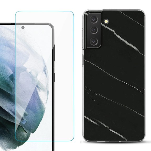 Slim-Fit TPU Fashion Phone Case for Samsung Galaxy S21 FE 5G Fan Edition, with Tempered Glass Screen Protector, by OneToughShield ® - Marble / Black