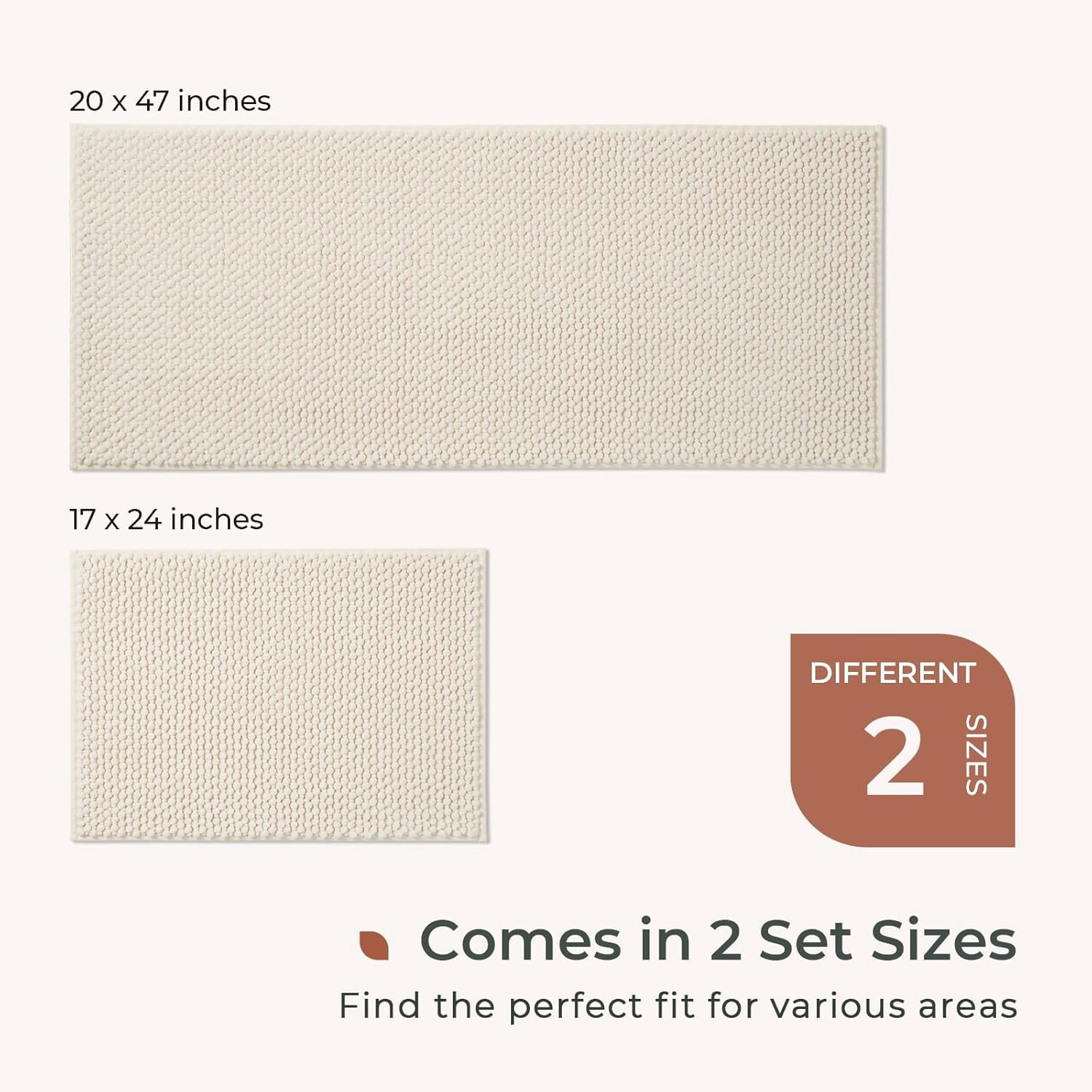 FRESHMINT Chenille Bathroom Rugs Sets 2 Piece 17''x24''+20''x47'', Non-Slip Bath Mats Set for Bathroom, Absorbent Bath Rug, Washable Set of 2 Shower Floor Mat Runner, Cream
