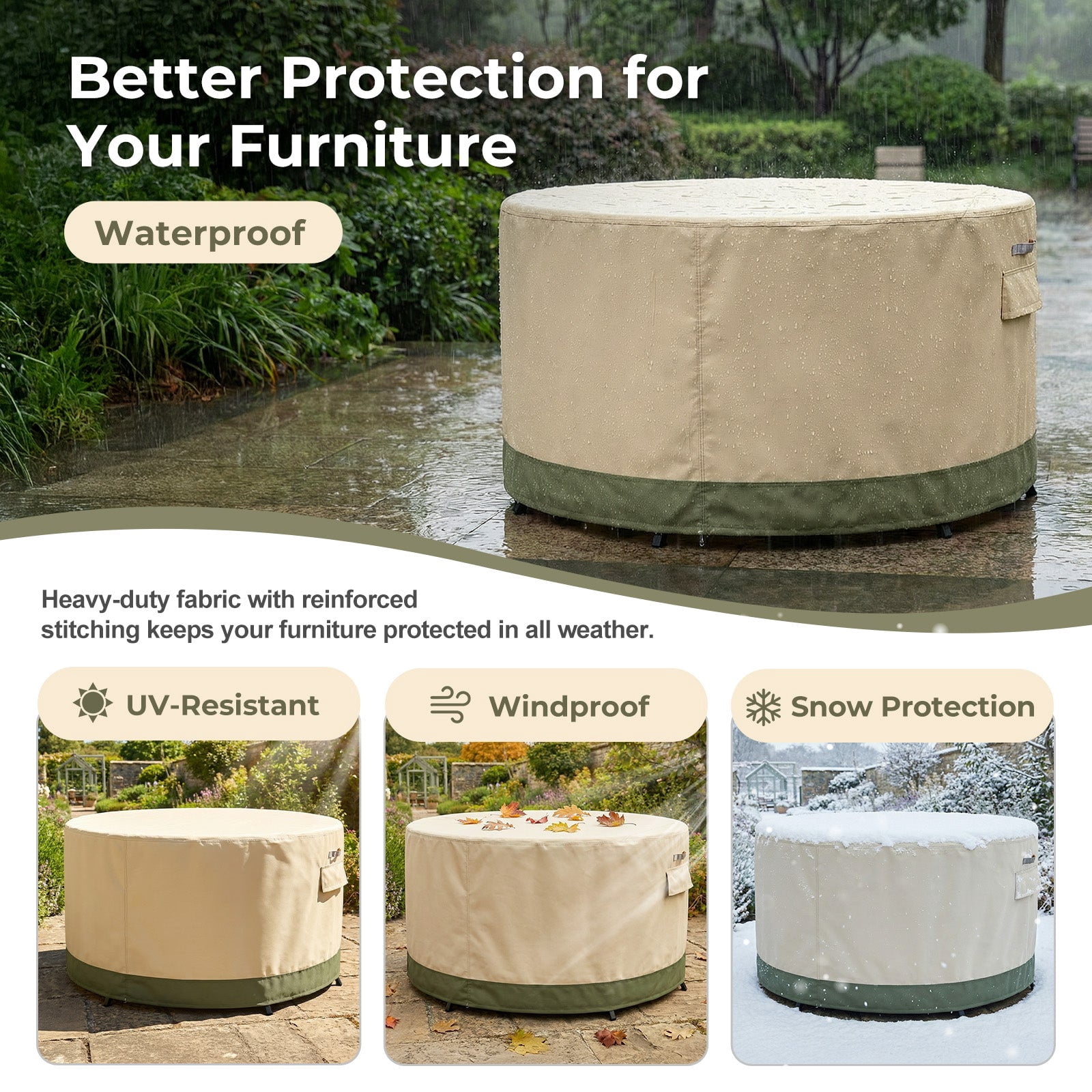BPS Waterproof Patio Table and Chairs Cover, 600D Anti-UV Outdoor Dining Furniture Set Cover with Air Vent and Storage for Patio Round Sectional Set, 72''Dia x 32''H