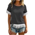 thumbnail image 2 of Uootdi Beach Tops for Women Crew Neck Short Sleeve Fringe Trim Cuff And Hem Polka Dot Print Soft Knit Boho Tops for Women Loose Fit Beach Vacation Lightweight Airy Womens Tees, 2 of 6