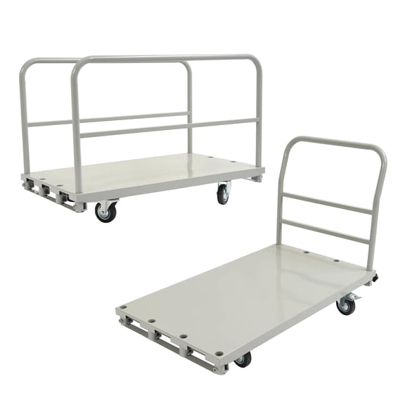 KOJEM 42x24 inch Steel Truck Cart Flat Dolly Cart Flatbed with 2200 lbs Capacity Platform Truck Heavy Duty Lumber Drywall Dolly 4 Swivel Casters Board with w/1 Front & 2 Side Handrails Silvery
