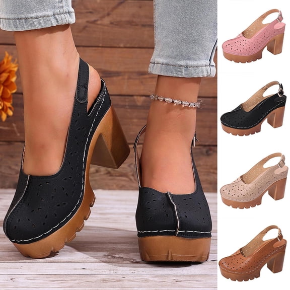 HomeDM Womens Platform Block Heels Sandals Slingback Closed Toe Dress Pumps Shoes for Summer Party Wedding, Black Size 5.5