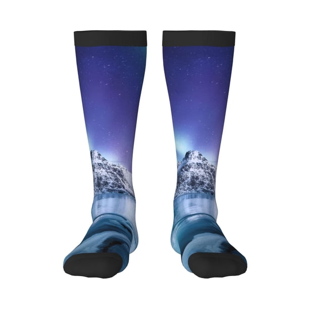 Fotbe Night At Lake Aurora 1 Calcetas Divertidas Estampadas para Hombre y Mujer, Calcetas de Algodón hasta la Rodilla para Caminar, Correr, Enfermería y Embarazo