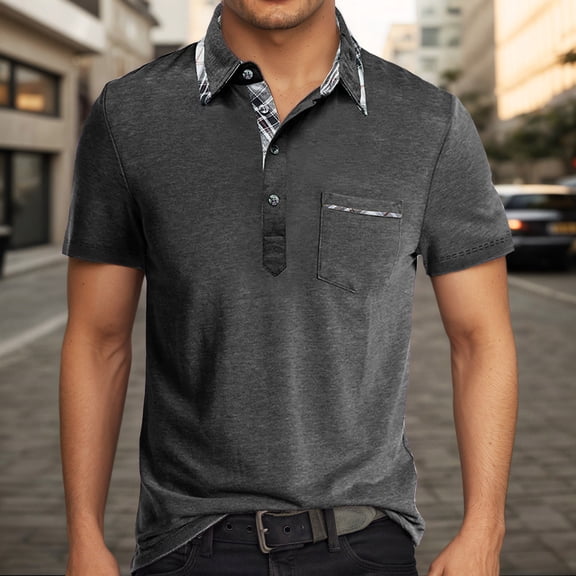 HOWPAY Short Sleeve Polo Shirts for Men Summer Casual Solid Color Classic Button T-Shirt Stretch Breathable Athletic Work Collared Golf Shirts Grey L