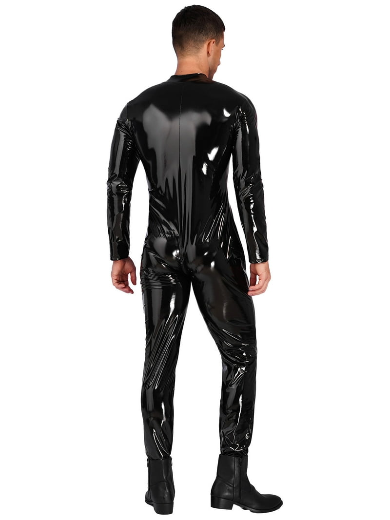 Yeahdor Mens Zipper Crotch Jumpsuit Long Sleeve Stretchy Catsuit