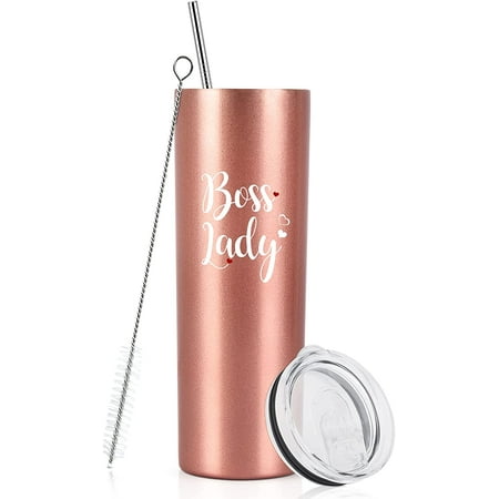 

Boss Day Gifts-Boss Lady Skinny Tumbler Boss Lady Gifts for Women Boss Gifts for Boss Lady Boss Female Gag Female Friends on Christmas Birthday 20oz Stainless Steel Tumbler with Lid Rose Gold