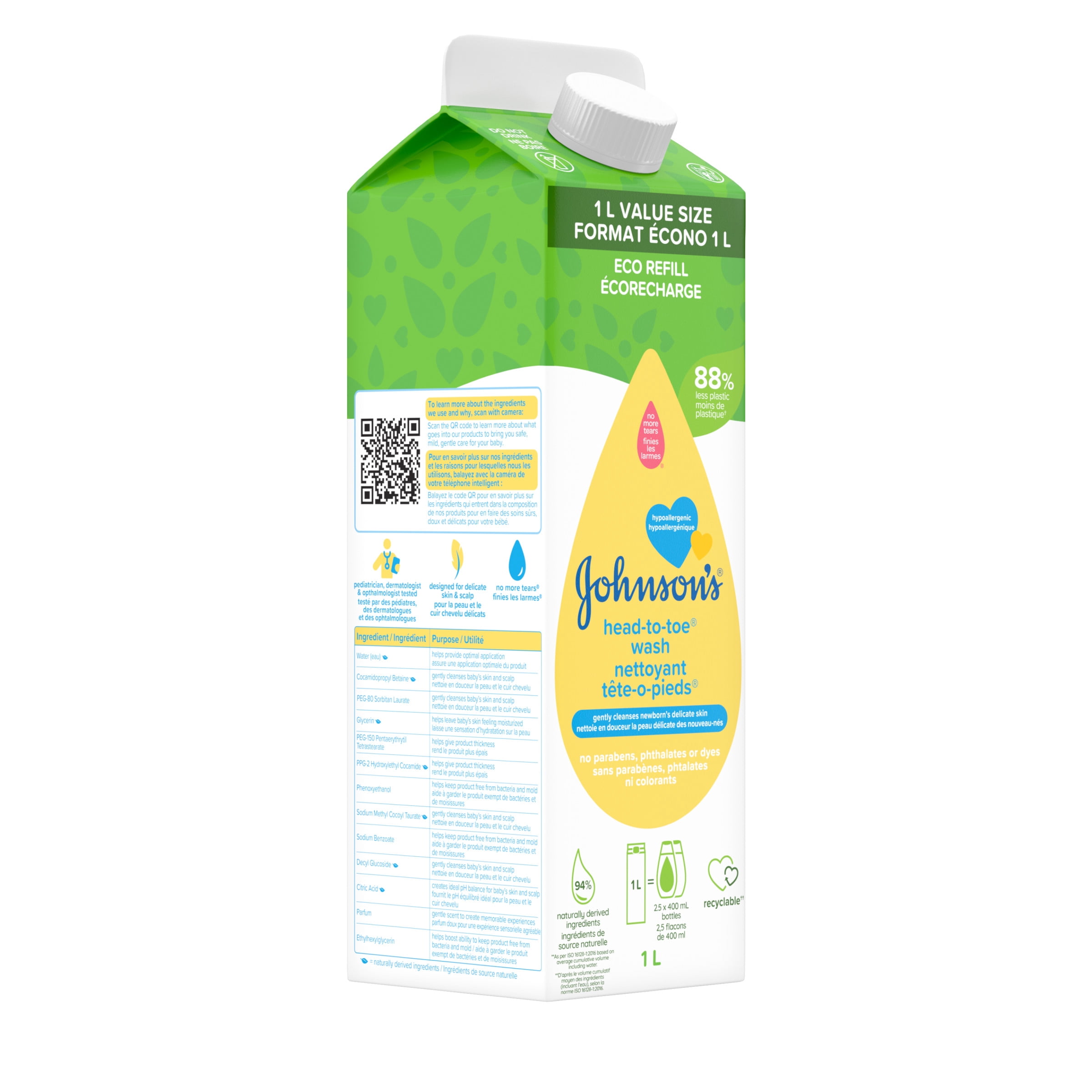 Johnson’s Head to Toe Wash Carton Refill, Gently Cleanses Baby's Delicate Skin, Hypoallergenic Cleanser, Paraben Free