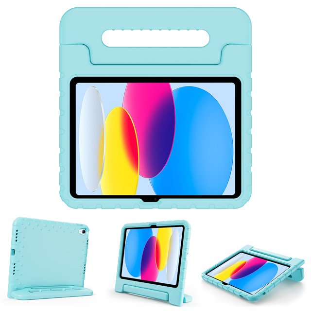 Funda ProCase Kids para iPad A16 11.ª generación 2025/iPad 10.ª generación 2 funda infantil turquesa de espuma EVA con asa integrada, protector acolchado y bordes elevados; muestra laterales antideslizantes, acceso a cámara/puertos/botones y soporte tipo atril; también suele usarse como soporte para videollamadas.