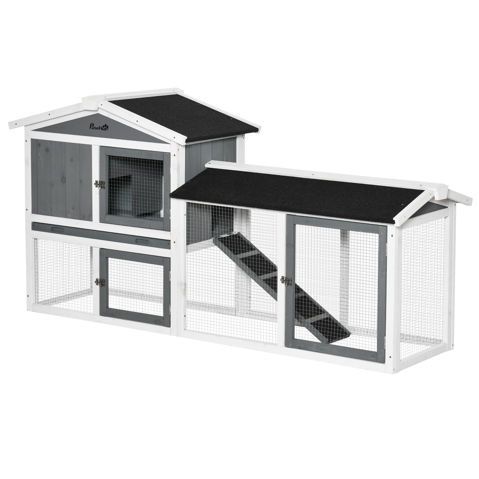 PawHut Wooden Rabbit Hutch with Run, Tray, Ramp for 1-3 Rabbits, White
