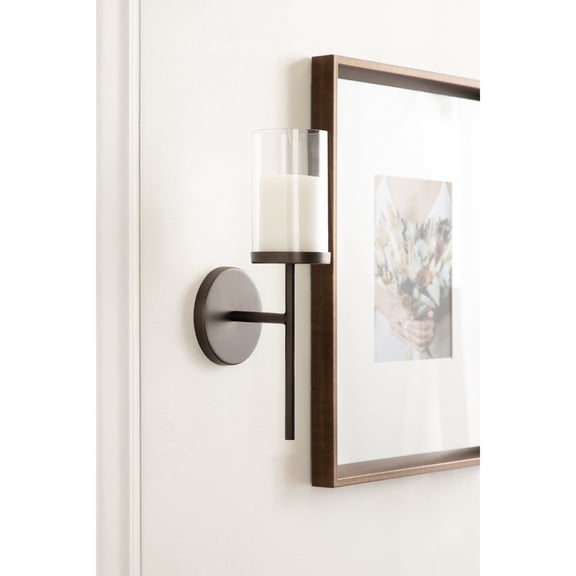 Kate and Laurel Blaise Transitional Metal Wall Sconce, 5 x 6 x 14, Antique Bronze, Modern Round Candle Holder with Removable Glass Cylinder for Flameless Candles