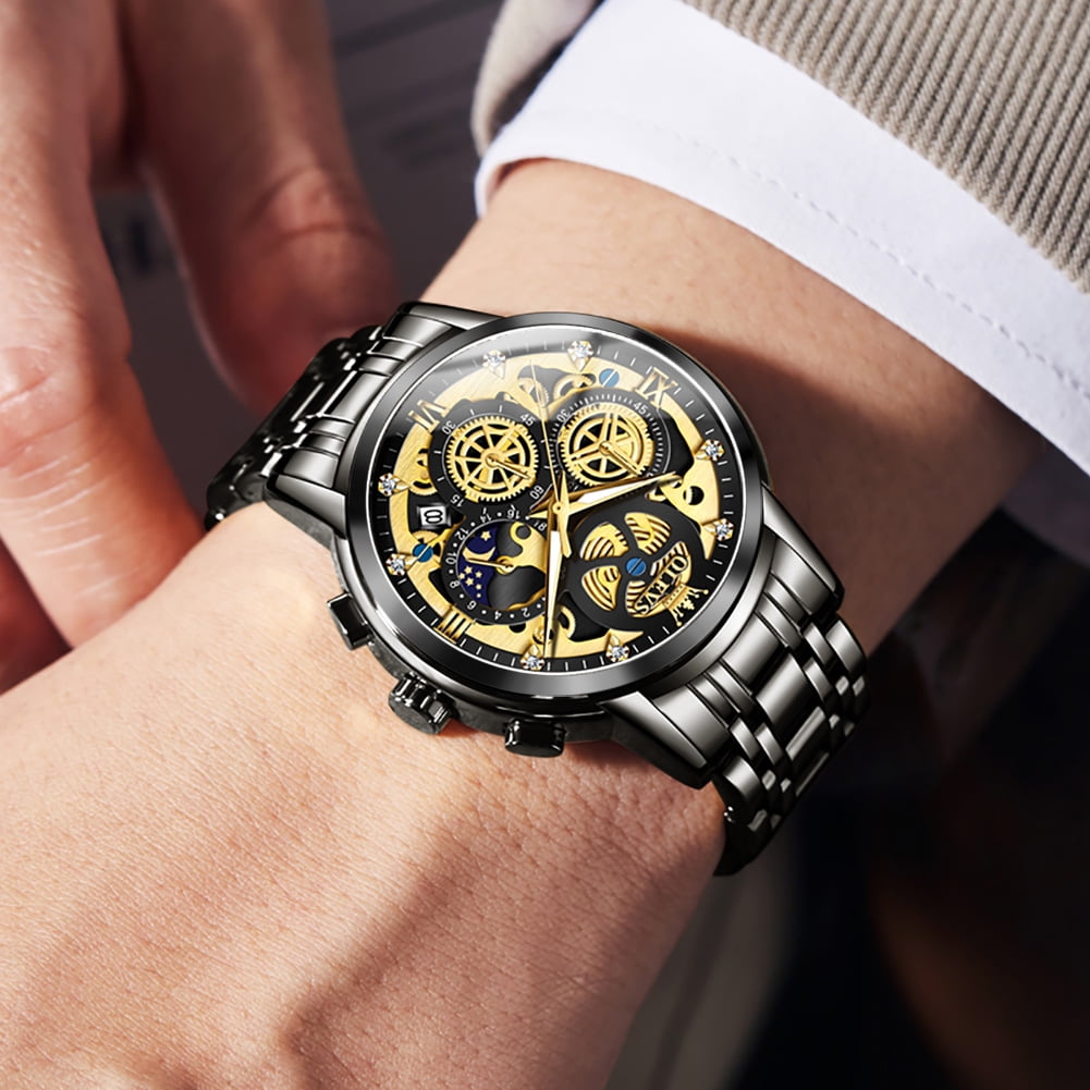 OLEVS Watches for Men Waterproof Luxury Dress Analog Quartz Chronograph Fashion Gold Plated Stainless Steel Moon Phase Luminous Date Classic Mens Wrist Watches Reloj Para Hombre