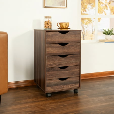 Taylor 5 Drawer Chest  Wood Storage Dresser Cabinet with Wheels  Storage Organization  Makeup Drawer Unit for Closet  Bedroom  Office File Cabinet 180 lbs Capacity – Brown Oak