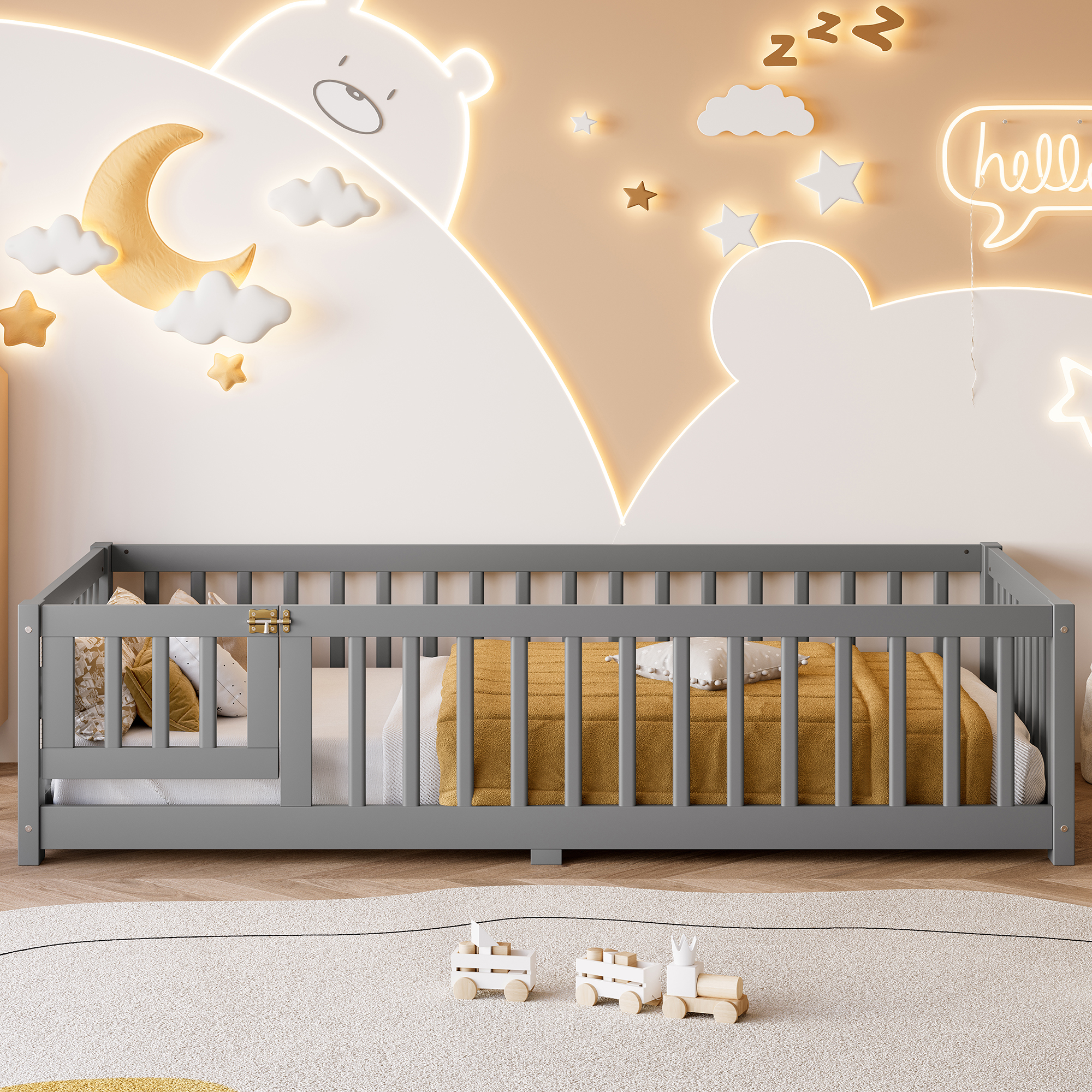 Jopath Twin Size Floor Bed Frame,Montessori Bed with Guardrails and Door,with Slatted Base,for Kids,Boys,Girls,Gray