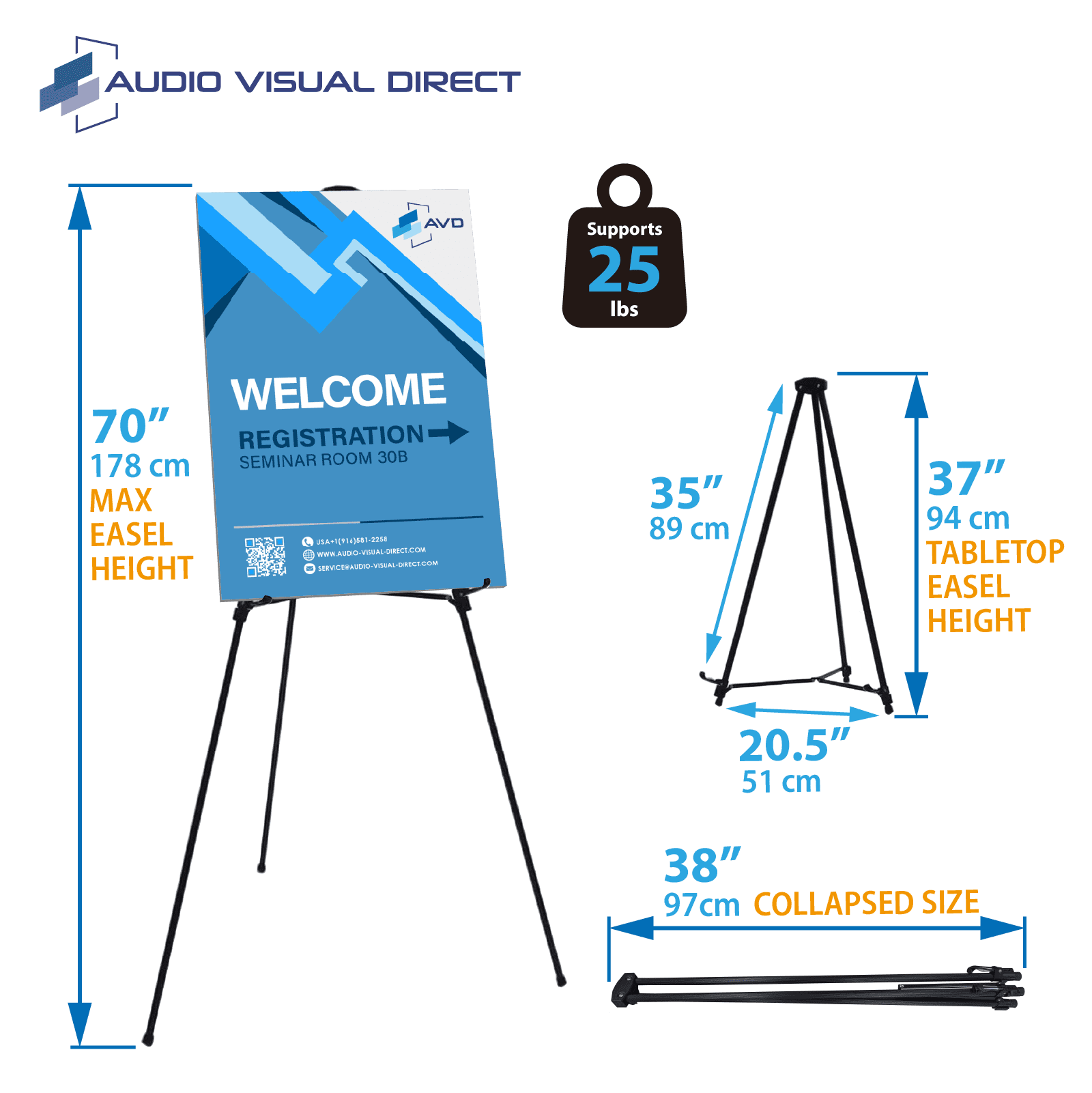 Audio-Visual Direct Lightweight Aluminum Telescoping Display Easel, 70 inches, Black (2 Pack)