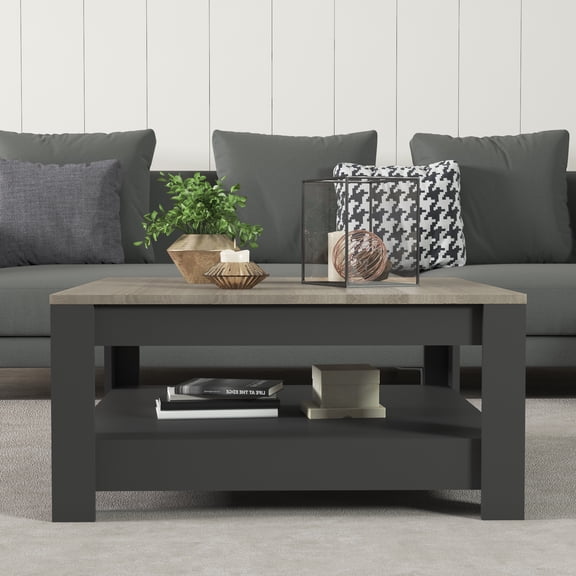 MinimaDecor Grado Two Tier, Square Coffee Table, 35 inches, Dark Gray and Oak Finish