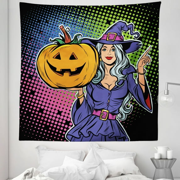 Halloween Tapestry, Pop Art Inspired Design of a Witch with a Big Spook Pumpkin on Colorful Dots, Fabric Wall Hanging Decor for Bedroom Living Room Dorm, 5 Sizes, Multicolor, by Ambesonne