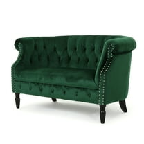 GDF Studio Bramhall Chesterfield Tufted Velvet Loveseat, Emerald and Dark Brown