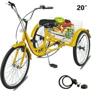 VEVOR Tricycle pour adulte 1 vitesse Taille Cruise Bike 50,8 cm Trike réglable avec système de freinage Bell Vélos Cruiser Panier de grande taille pour les loisirs Shopping Exercice (Jaune 20 1 Speed)