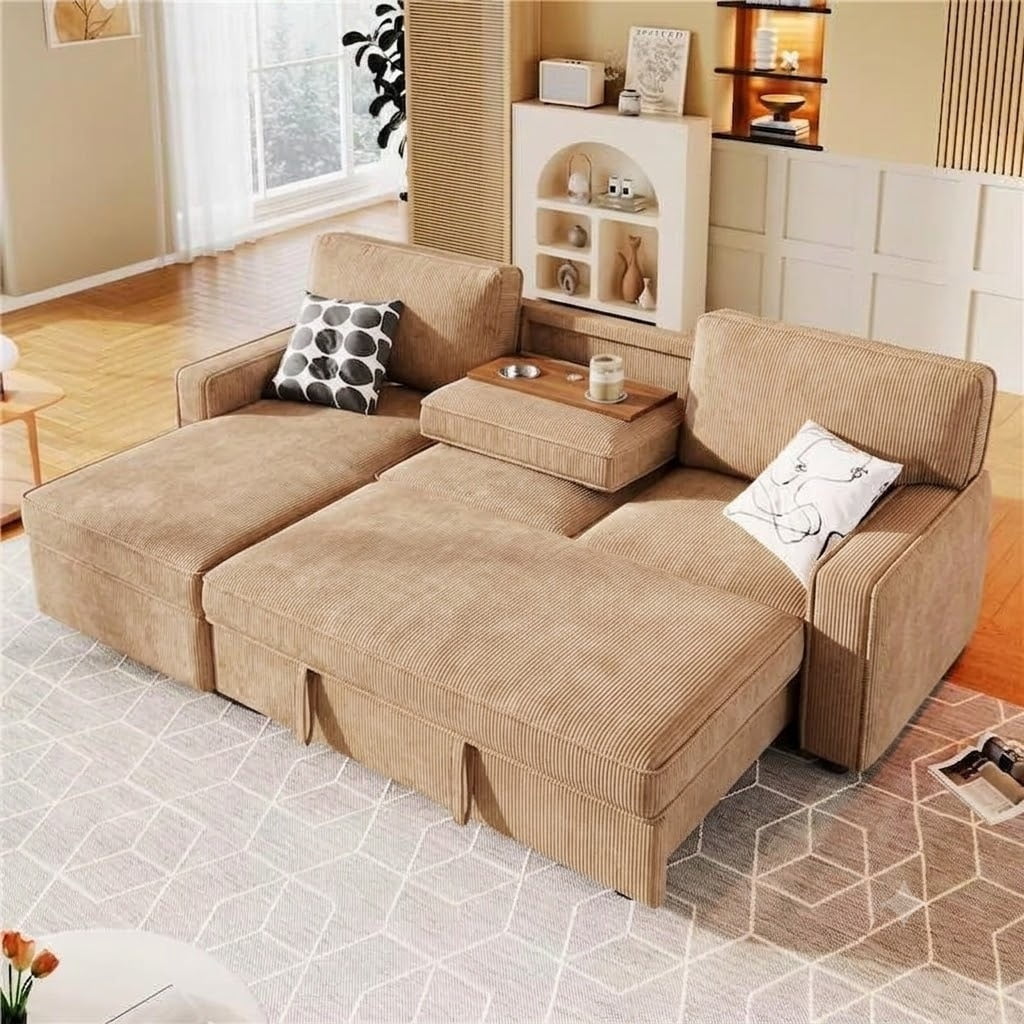avobird 85.5'' Pull Out Sofa Bed, L Shaped Sleeper Sofa with Flip-Down Center Console & Charging Ports, Chenille Convertible Sofa for Apartment/Living Room, Light Brown