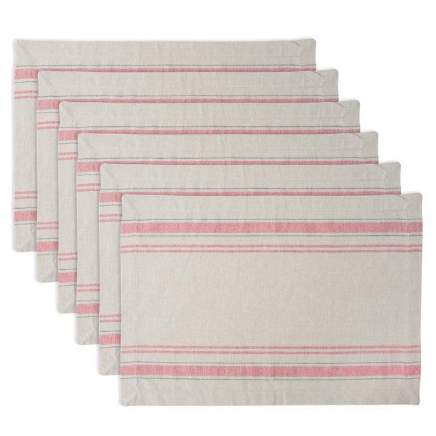 Set of 6 White and Tango Red French Stripe Rectangular Placemats 19" x