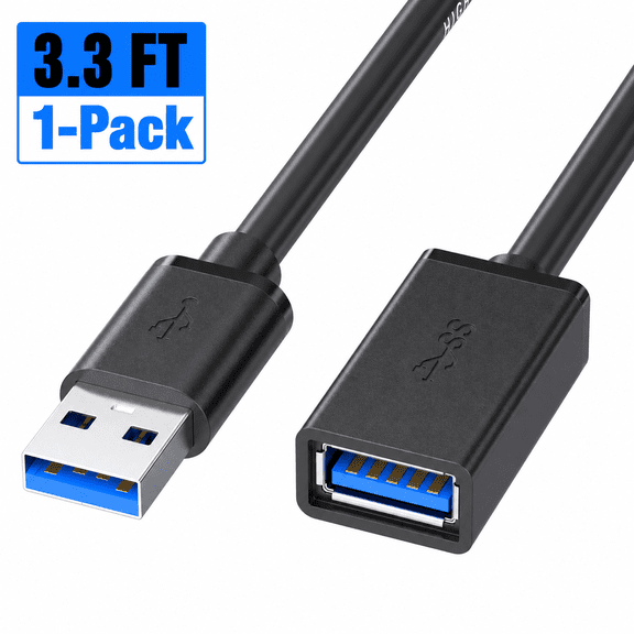 USB 3.0 Extension Cable, 5Gbps USB-A Male to Female Extender Cord, Double-Shielded for PC, Hard Drive, Webcam, Printer and USB Hub, Black