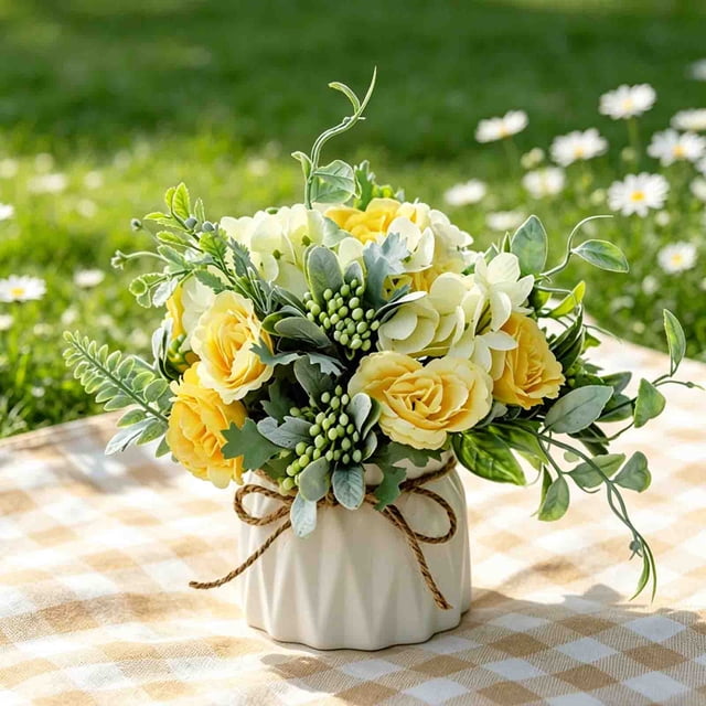 Artificial Flower With Small Ceramic Vase Fake Silk Variety Flower Balls Flowers Decoration Table Appropriate Home Party Office Wedding