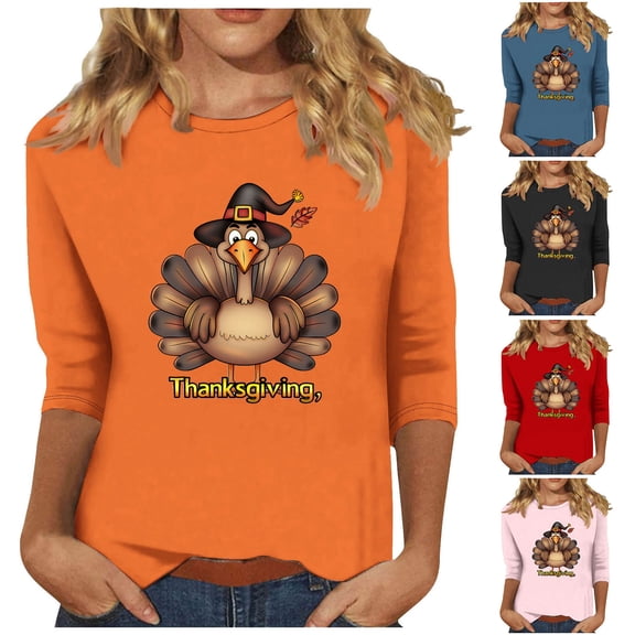 Hueook Womens Long Sleeve T Shirts Short Sleeve Shirts for Women Women's Thanksgiving Printed Round Neck 3/4 Sleeve T-shirt Loose Top Long Sleeve Round Neck Top/Shirt Red L