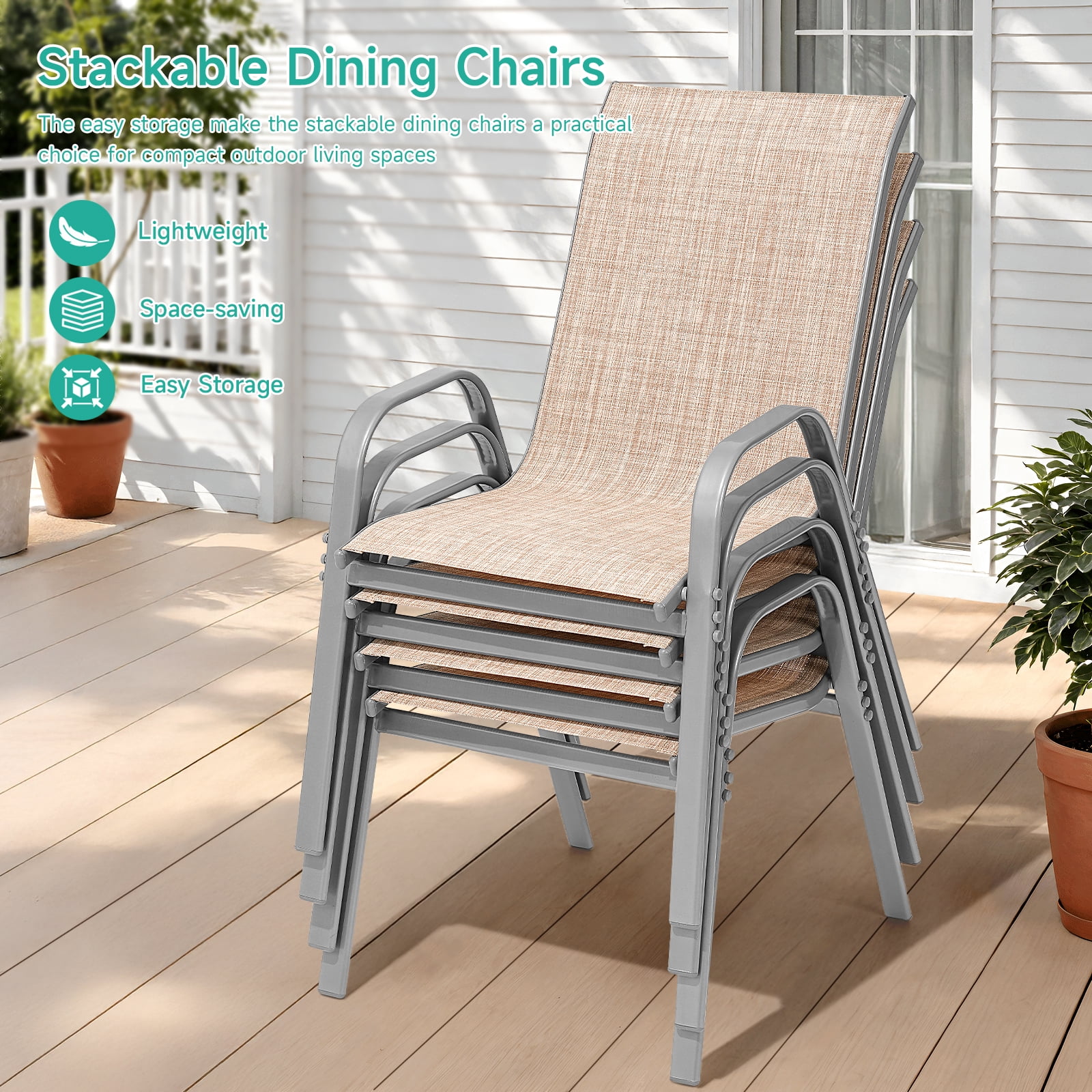 Dovov Outdoor Patio Dining Chairs Set of 6, Outdoor Textilene Stacking Chairs Patio Stackable High Back Armchairs, Beige