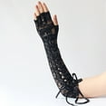 thumbnail image 5 of Xfvqtps Fingerless Gloves for Womens Thumb Hole Long Hollow Out Lace Strap Long Ribbon Party Mittens Black, 5 of 7