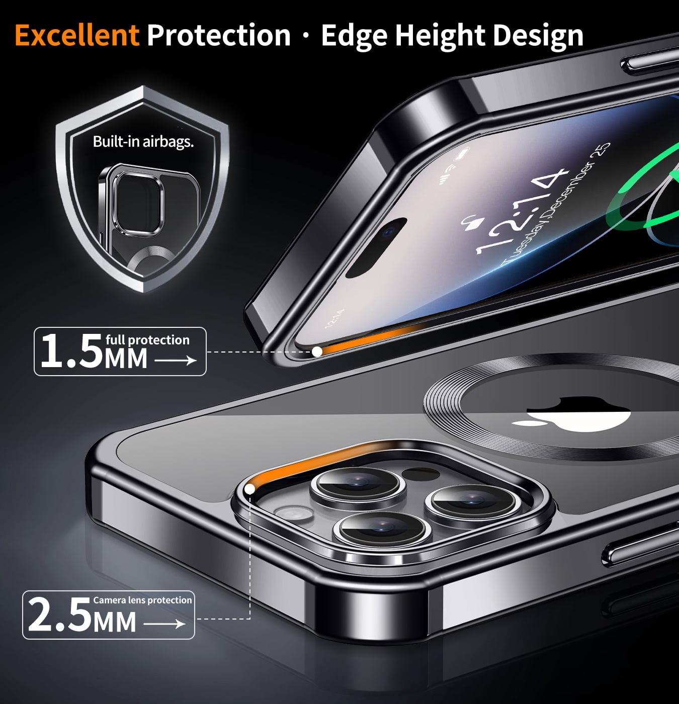 JETeacka iPhone 14 Pro Case(6.1") MagSafe Compatible 360 Full Body Rugged Built-in Touch Sensitive Screen Protector Anti-Scratch Clear Case, Black
