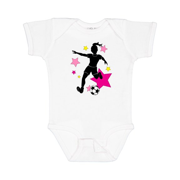 Inktastic Girl Playing Soccer- Pink and Yellow Stars Girls Baby Bodysuit