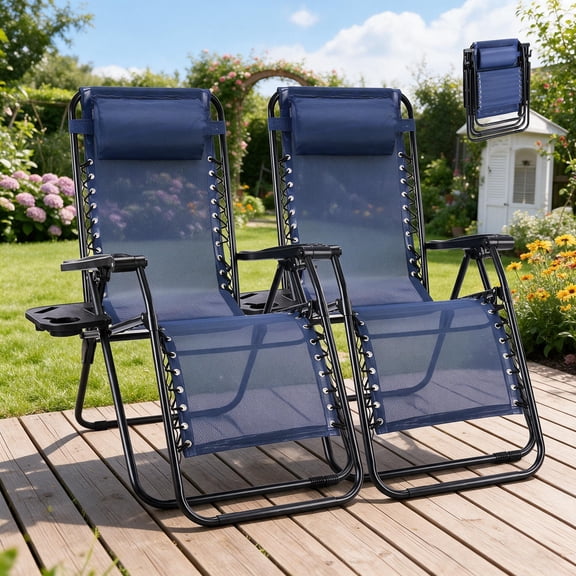 Modern Blue Zero Gravity Chairs 2 Pack, Portable Folding Patio Recliner with Mesh Back, Cup Trays & Pillow for Lawn Camping Beach